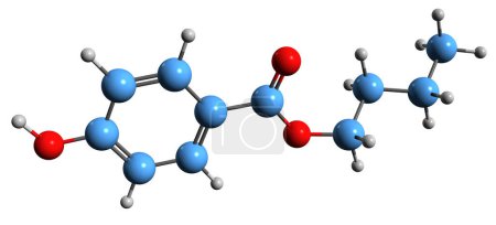 Foto de Imagen 3D de la fórmula esquelética de Butylparaben - estructura química molecular del p-hidroxibenzoato de butilo aislado sobre fondo blanco - Imagen libre de derechos