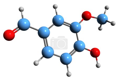 Foto de Imagen 3D de la fórmula esquelética de vanillina - estructura química molecular del aldehído fenólico aislado sobre fondo blanco - Imagen libre de derechos