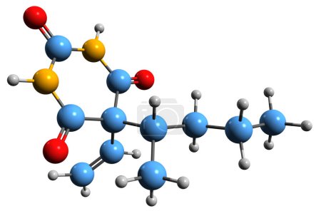 Foto de Imagen 3D de la fórmula esquelética Vinylbital - estructura química molecular de la droga barbitúrica aislada sobre fondo blanco - Imagen libre de derechos