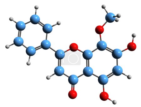 Foto de Imagen 3D de la fórmula esquelética de Wogonin - estructura química molecular de flavona O-metilada aislada sobre fondo blanco - Imagen libre de derechos