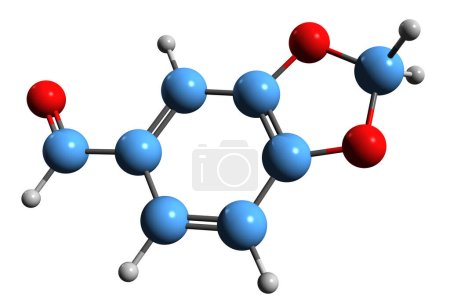 Foto de Imagen 3D de la fórmula esquelética piperonal - estructura química molecular de la heliotropina aislada sobre fondo blanco - Imagen libre de derechos