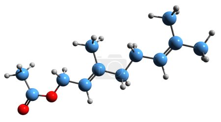 Téléchargez les photos : Image 3D de la formule squelettique de l'acétate de géranyle - structure chimique moléculaire du monoterpène naturel isolé sur fond blanc - en image libre de droit