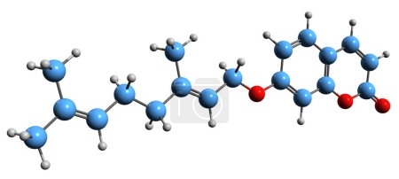 Foto de Imagen 3D de la fórmula esquelética de Geranyloxycoumarin - estructura química molecular del metabolito vegetal Aurapten aislado sobre fondo blanco - Imagen libre de derechos