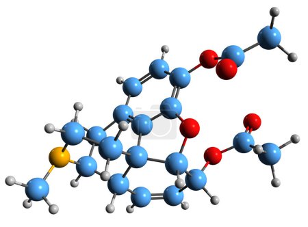 Téléchargez les photos : Image 3D de la formule squelettique de l'héroïne - structure chimique moléculaire de la diacétylmorphine isolée sur fond blanc - en image libre de droit