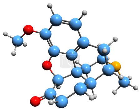 Téléchargez les photos : Image 3D de la formule squelettique hydrocodone - structure chimique moléculaire de la dihydrocodéinone opioïde isolée sur fond blanc - en image libre de droit
