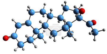 Foto de Imagen 3D de la fórmula esquelética de hidroxiprogesterona - estructura química molecular de la hormona esteroide progestógena endógena aislada sobre fondo blanco - Imagen libre de derechos