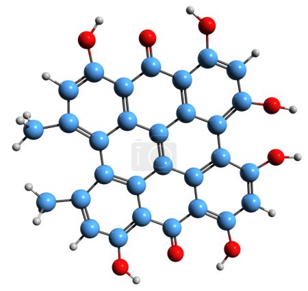 Téléchargez les photos : Image 3D de la formule squelettique Hypericine - structure chimique moléculaire de la naphtodianthrone isolée sur fond blanc - en image libre de droit