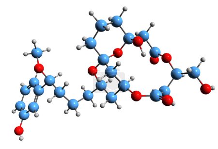 Téléchargez les photos : Image 3D de la formule squelettique de la débromoaplysiatoxine - structure chimique moléculaire de l'agent toxique Lyngbya majuscula isolé sur fond blanc - en image libre de droit