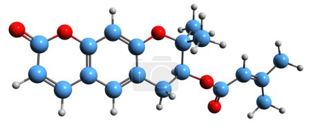 Téléchargez les photos : Image 3D de la formule squelettique de la decursine - structure chimique moléculaire de l'acide 3-méthyl-2-buténoïque cumariné isolé sur fond blanc - en image libre de droit