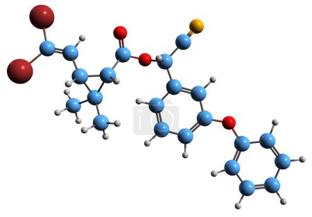 Foto de Imagen 3D de la fórmula esquelética de Deltamethrin - estructura química molecular del insecticida éster piretroide aislado sobre fondo blanco - Imagen libre de derechos