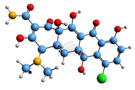 Téléchargez les photos : Image 3D de la formule squelettique de la déméclocycline - structure chimique moléculaire de l'antibiotique tétracycline isolé sur fond blanc - en image libre de droit