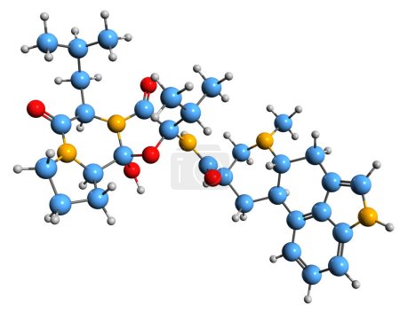 Foto de Imagen 3D de la fórmula esquelética de Dihidroergocryptine - estructura química molecular del agonista dopaminérgico aislado sobre fondo blanco - Imagen libre de derechos