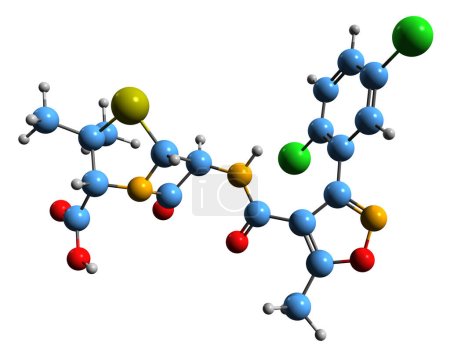 Foto de Imagen en 3D de la fórmula esquelética de Dicloxacilina: estructura química molecular del antibiótico betalactámico de espectro estrecho aislado sobre fondo blanco - Imagen libre de derechos