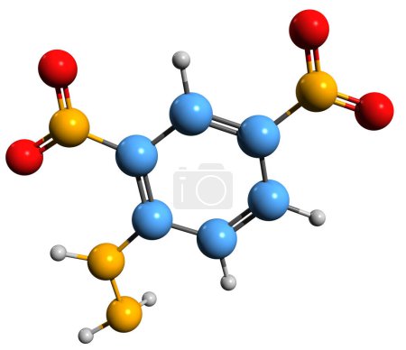 Foto de Imagen 3D de la fórmula esquelética de dinitrofenilhidracina - estructura química molecular del reactivo de Borche aislado sobre fondo blanco - Imagen libre de derechos
