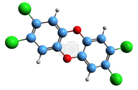 Foto de Imagen 3D de la fórmula esquelética policlorada de dibenzodioxina - estructura química molecular de la dioxina aislada sobre fondo blanco - Imagen libre de derechos