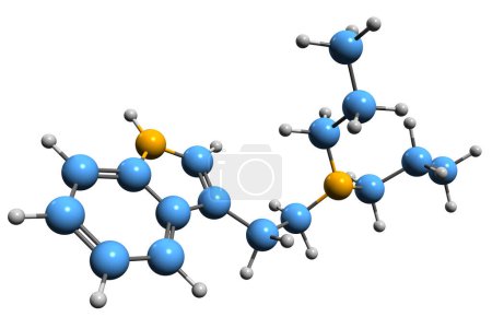 Téléchargez les photos : Image 3D de la formule squelettique de la dipropyltryptamine - structure chimique moléculaire de l'enthéogène psychédélique isolé sur fond blanc - en image libre de droit