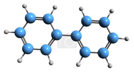  Image 3D de la formule squelettique biphényle - structure chimique moléculaire du phénylbenzène, un hydrocarbure aromatique isolé sur fond blanc