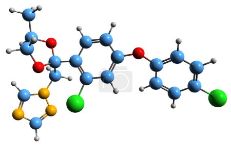 Foto de Imagen 3D de la fórmula esquelética de Difenoconazol - estructura química molecular del fungicida de amplio espectro dioxolano aislado sobre fondo blanco - Imagen libre de derechos