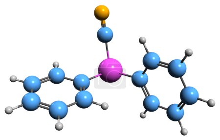 Foto de Imagen 3D de la fórmula esquelética de difenilcianoarsina - estructura química molecular de difenilarsanecarbonitrilo aislado sobre fondo blanco - Imagen libre de derechos