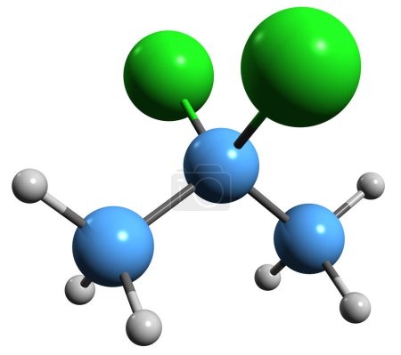 Foto de Imagen 3D de la fórmula esquelética de dicloropropano - estructura química molecular del diclorodimetilmetano aislado sobre fondo blanco - Imagen libre de derechos