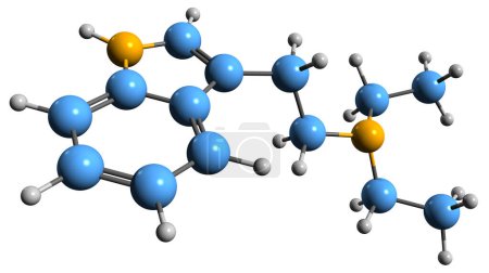 Foto de Imagen 3D de la fórmula esquelética de Dietiltriptamina - estructura química molecular de la droga psicodélica DET aislada sobre fondo blanco - Imagen libre de derechos
