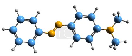 Téléchargez les photos : Image 3D de la formule squelettique jaune de méthyle - structure chimique moléculaire du 4-diméthylaminoazobenzène isolé sur fond blanc - en image libre de droit