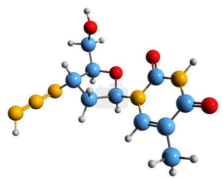 Téléchargez les photos : Image 3D de la formule squelettique de Zidovudine - structure chimique moléculaire du médicament antirétroviral azidothymidine isolé sur fond blanc - en image libre de droit