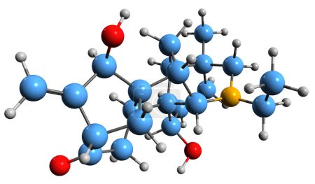 Foto de Imagen 3D de la fórmula esquelética de Songorine - estructura química molecular del alcaloide Bullatine G aislado sobre fondo blanco - Imagen libre de derechos