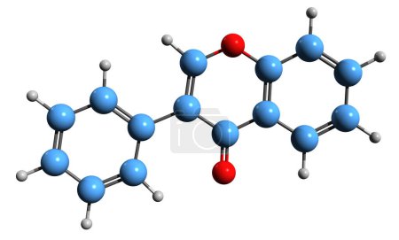 Foto de Imagen 3D de la fórmula esquelética de isoflavona - estructura química molecular del fitoestrógeno isoflavonoide aislado sobre fondo blanco - Imagen libre de derechos