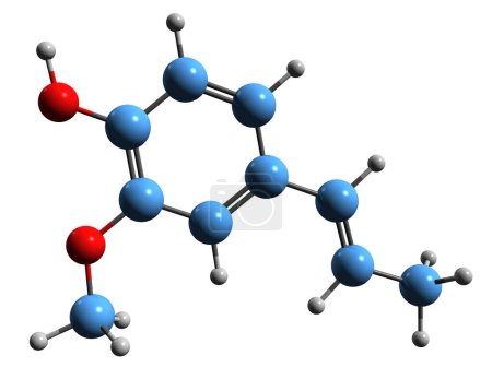 Téléchargez les photos : Image 3D de la formule squelettique de l'isoeugénol - structure chimique moléculaire du 4-propénylguaiacol isolé sur fond blanc - en image libre de droit