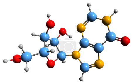 Téléchargez les photos : Image 3D de la formule squelettique de l'inosine - structure chimique moléculaire du nucléoside isolé sur fond blanc - en image libre de droit