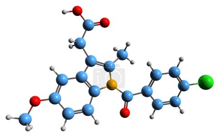 Foto de Imagen 3D de la fórmula esquelética de Indometacin - estructura química molecular del fármaco antiinflamatorio no esteroideo aislado sobre fondo blanco - Imagen libre de derechos