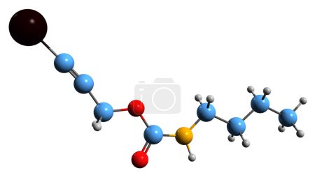 Téléchargez les photos : Image 3D de la formule squelettique Iodopropynyl butylcarbamate structure chimique moléculaire de l'agent de conservation IPBC isolé sur fond blanc - en image libre de droit