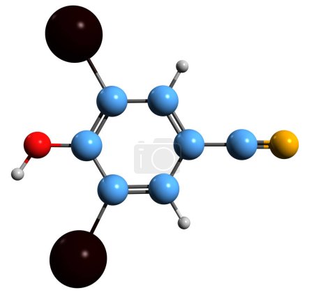 Téléchargez les photos : Image 3D de la formule squelettique d'oxynil - structure chimique moléculaire du xénobiotique isolé sur fond blanc - en image libre de droit