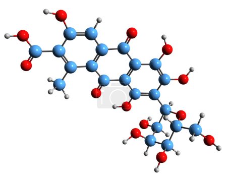 Foto de Imagen 3D de la fórmula esquelética del ácido carmínico - estructura química molecular del lago carmín aislado sobre fondo blanco - Imagen libre de derechos