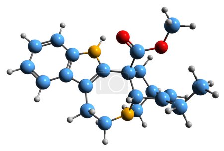 Foto de Imagen 3D de la fórmula esquelética de la catarantina: estructura química molecular del alcaloide terpeno-indol aislado sobre fondo blanco - Imagen libre de derechos