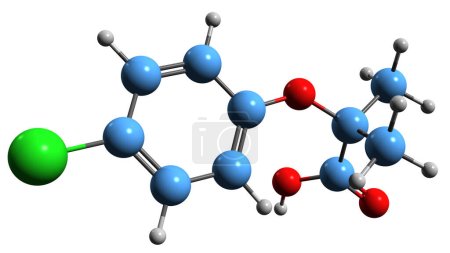 Photo for 3D image of Clofibric acid skeletal formula - molecular chemical structure of Chlorophenoxyisobutyric acid isolated on white background - Royalty Free Image