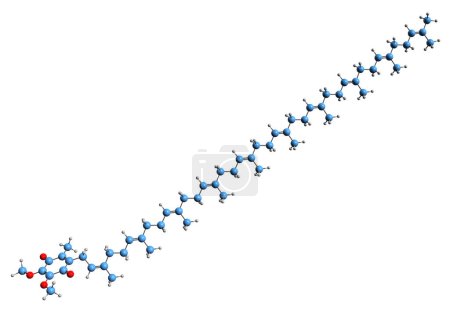 Foto de Imagen 3D de la fórmula esquelética de la coenzima Q10: estructura química molecular de la ubiquinona aislada sobre fondo blanco - Imagen libre de derechos