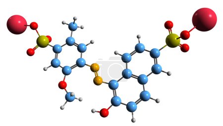 Téléchargez les photos : Image 3D de la formule squelettique Allura Red AC - structure chimique moléculaire du Pigment isolé sur fond blanc - en image libre de droit