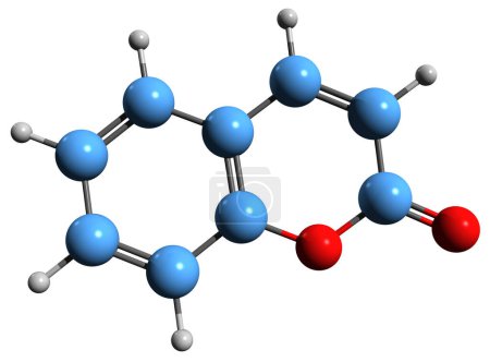 Foto de Imagen 3D de la fórmula esquelética de cumarina - estructura química molecular de 2H-cromo-2-ona aislada sobre fondo blanco - Imagen libre de derechos