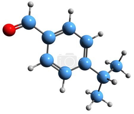 Photo for 3D image of Cuminaldehyde skeletal formula - molecular chemical structure of p-Isopropylbenzaldehyde isolated on white background - Royalty Free Image