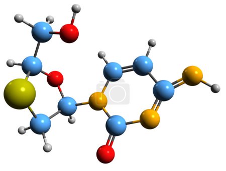 Téléchargez les photos : Image 3D de la formule squelettique de la lamivudine - structure chimique moléculaire du médicament antirétroviral isolé sur fond blanc - en image libre de droit