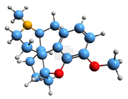 Téléchargez les photos : Image 3D de la formule squelettique lévométhorphane - structure chimique moléculaire de l'analgésique opioïde isolé sur fond blanc - en image libre de droit
