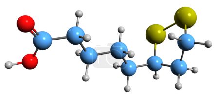 Téléchargez les photos : Image 3D de la formule squelettique de l'acide lipoïque - structure chimique moléculaire du composé organosulfuré acide thioctique isolé sur fond blanc - en image libre de droit