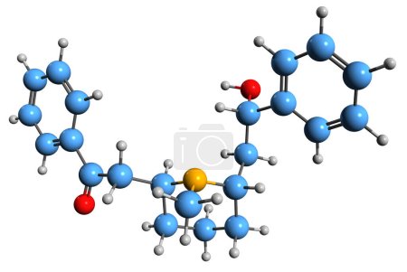 Foto de Imagen 3D de la fórmula esquelética de Lobeline - estructura química molecular del alcaloide piridina aislado sobre fondo blanco - Imagen libre de derechos