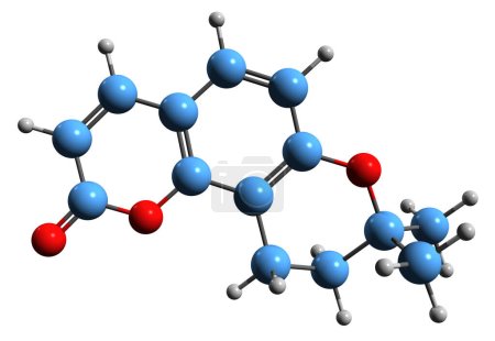 Foto de Imagen 3D de la fórmula esquelética de Lomatin - estructura química molecular de cumarina Jatamansinol aislado sobre fondo blanco - Imagen libre de derechos