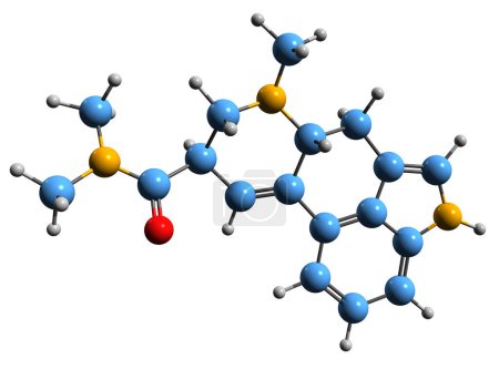 Foto de Imagen 3D de la fórmula esquelética de dietilamida de ácido lisérgico: estructura química molecular de la droga psicodélica aislada sobre fondo blanco - Imagen libre de derechos