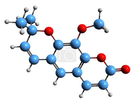 Foto de Imagen 3D de la fórmula esquelética de Luvangetina - estructura química molecular de cumarina aislada sobre fondo blanco - Imagen libre de derechos