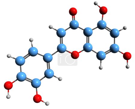 Foto de Imagen 3D de la fórmula esquelética de la luteolina - estructura química molecular de la reseda luteola flavona aislada sobre fondo blanco - Imagen libre de derechos