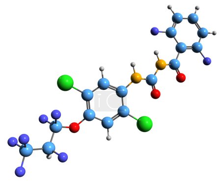 Foto de Imagen 3D de la fórmula esquelética de Lufenurón: estructura química molecular de la medicación antihelmíntica aislada sobre fondo blanco - Imagen libre de derechos